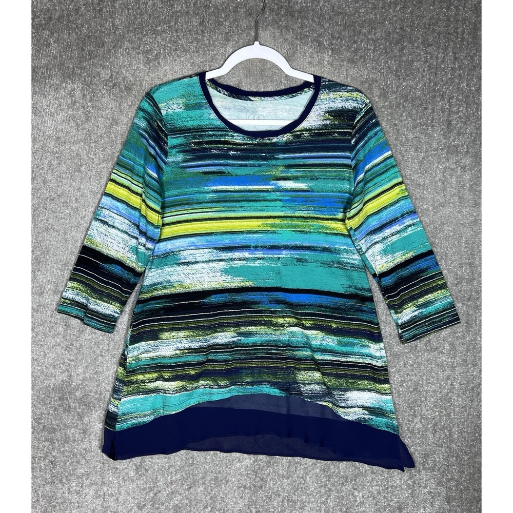 LOGO Lori Goldstein Spacedye Chiffon Trim Top Women Sz M Blue Green Pockets